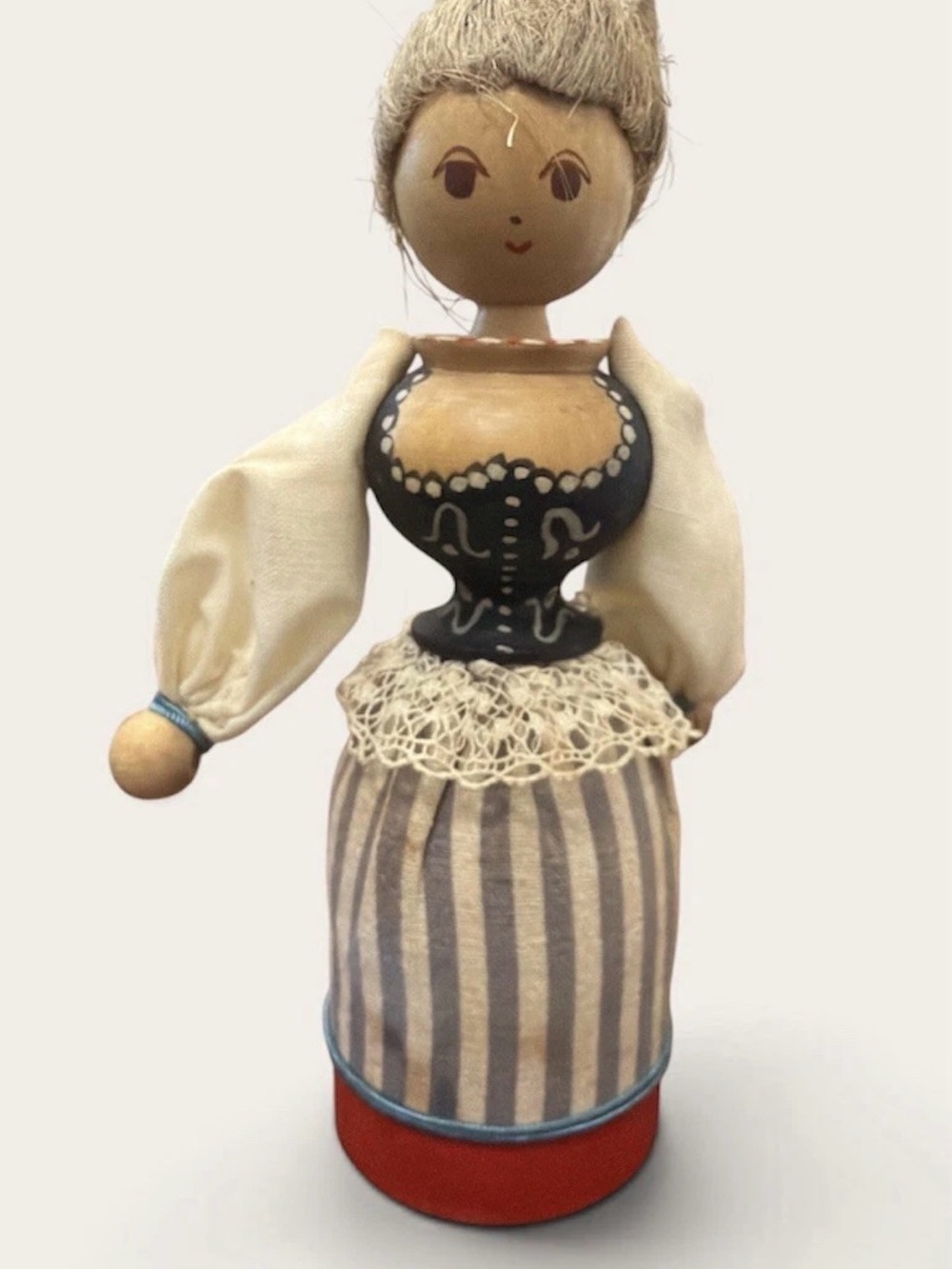 VTG Wooden Peg Doll 5.5 Inch Handmade Folk Art Lace Corset Striped Hand Painted
